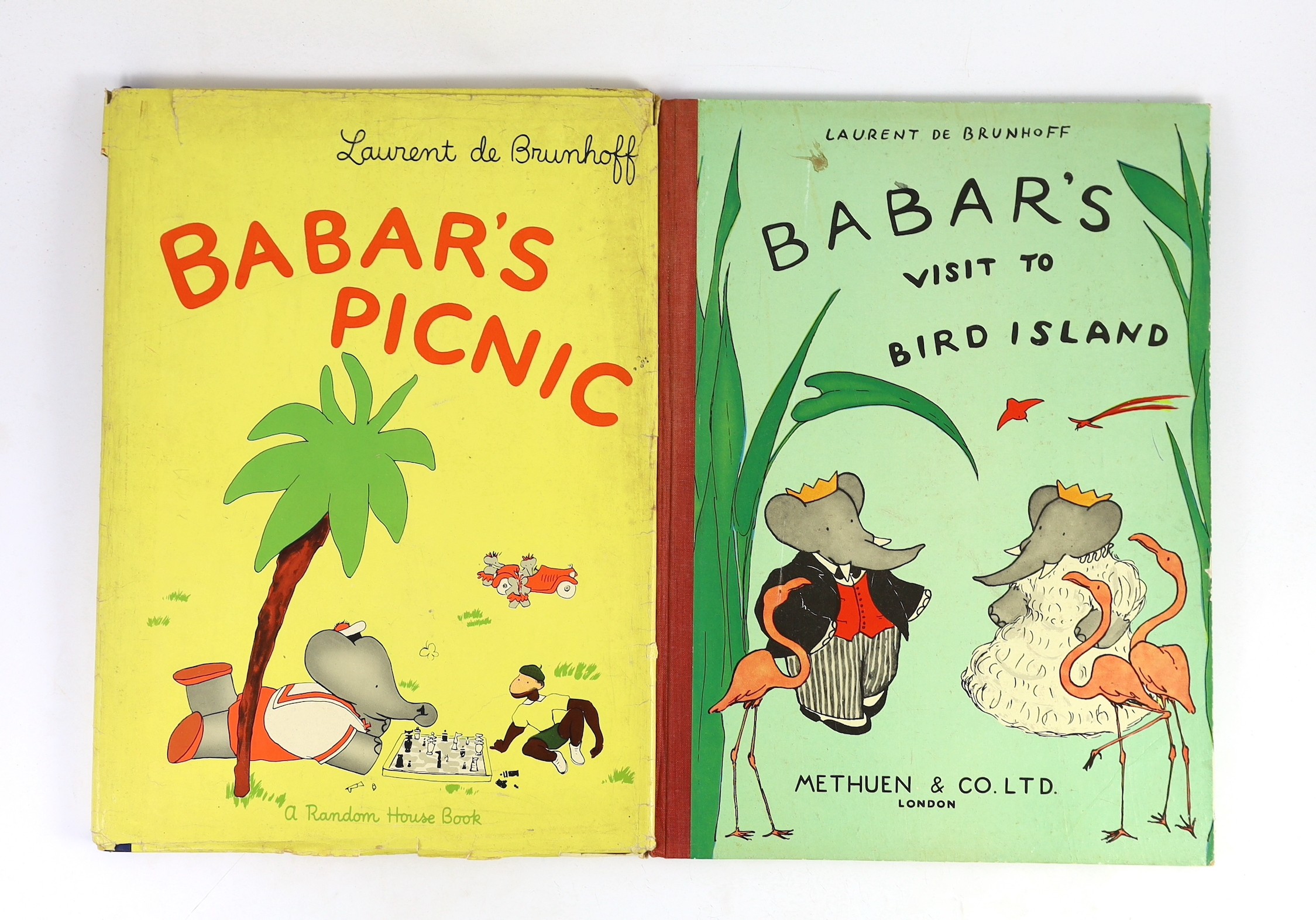 Brunhoff, Laurent de -2 works - Babar’s Picnic, folio, pictorial boards with d/j, translated by Merle Haas, Random House, New York, 1947 and Babar’s Visit to Bird Island, folio, pictorial boards, Methuen & Co., Ltd, Lond